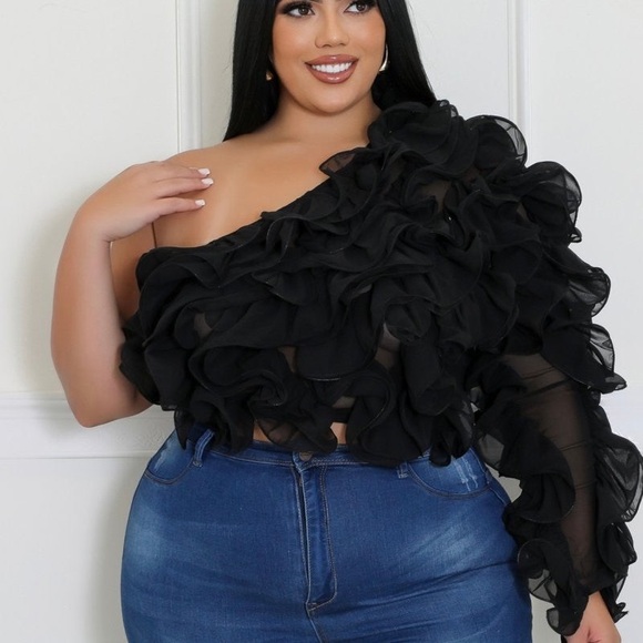 Plus Black Ruffled One-Shoulder Top - Picture 1 of 2